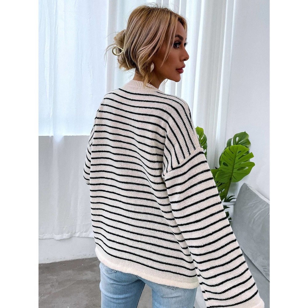 Striped oversized Button Front Sweater cream black minimalist preppy - Picture 3 of 6